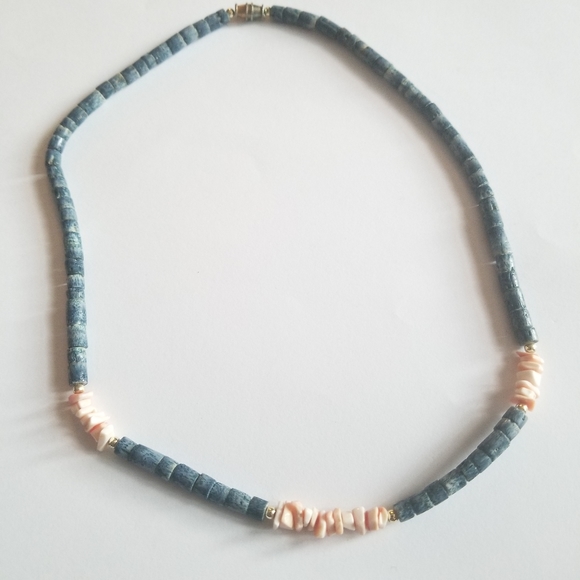 Vintage Jewelry - Vintage blue coral necklace pastel pink shell beads beaded pooka puka surfer